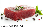 A tuna steak, seared on the outside with a raw pink center on a white background. Стейк из тунца, обжаренный снаружи, с розовой серединой на белом фоне. Стоковое AI-изображение, AI-художник Katsiaryna Repich / Фотобанк Лори