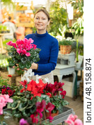 Woman buying ranunculus asiatica at flower shop. Стоковое фото, фотограф Яков Филимонов / Фотобанк Лори