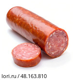 Delight in the sight of a flavorful sausage, expertly sliced to reveal its tender, spiced interior. Ideal for appetizers, sandwiches, or as a standalone snack, this treat promises to enhance any meal. Стоковое AI-изображение, AI-художник Ольга Игнашина / Фотобанк Лори