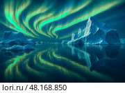 Glowing northern lights sweeping across polar heaven illuminating rugged glacier peaks mirrored on tranquil ocean surface during chilly winter twilight. Стоковое AI-изображение, AI-художник Павел Муравьев / Фотобанк Лори