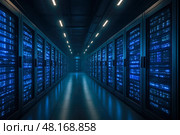 Modern blue illuminated data center corridor with rows of secure server racks cloud storage technology infrastructure futuristic interior. Стоковое AI-изображение, AI-художник Павел Муравьев / Фотобанк Лори