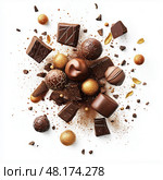 Luxury chocolate pralines and truffles explosion with golden decoration and cocoa splashes on white background, gourmet handmade candies assortment in dynamic composition for confectionery. Стоковое AI-изображение, AI-художник Сергей Тимофеев / Фотобанк Лори