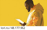 A man wearing a yellow jacket focuses on his tablet, immersed in thought against a bright yellow backdrop. Стоковое AI-изображение, AI-художник Данила Большаков / Фотобанк Лори