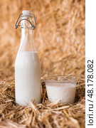 Fresh milk in a bottle and glass in the hayloft. Стоковое фото, фотограф Татьяна Яцевич / Фотобанк Лори
