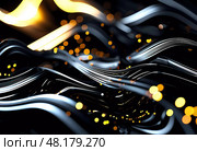 Fluid smooth lines intertwining on a deep black background, enriched by vibrant colors and a captivating bokeh effect draws attention. Dynamic light traces in grey, golden and yellow. Generative AI. Стоковое AI-изображение, AI-художник Юлия Петровская / Фотобанк Лори