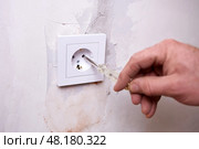 The electrician checks the voltage in the electrical outlet using an indicator screwdriver. Стоковое фото, фотограф Виктория Тельминова / Фотобанк Лори