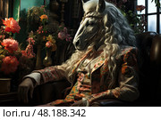 White horse in a suit with a floral pattern in a harness with a combed mane, resting on a comfortable sofa in the living room with colorful flowers. Стоковое AI-изображение, AI-художник Данила Большаков / Фотобанк Лори