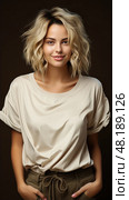 Portrait of fashionable carefree girl with disheveled curly hair in a light T-shirt in khaki pants on a dark background. Стоковое AI-изображение, AI-художник Данила Большаков / Фотобанк Лори