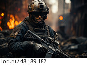 Stern stormtrooper soldier with weapon participates in special operation to clear streets of terrorists against background of ruins on fire. Стоковое AI-изображение, AI-художник Данила Большаков / Фотобанк Лори