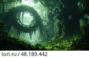 A futuristic jungle overtakes enormous ancient mechanical structures in a misty green environment. Стоковое AI-изображение, AI-художник Igor Tichonow / Фотобанк Лори