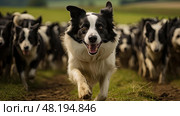 herding flock sheep farm ai generated. Стоковое AI-изображение, AI-художник Vectorwin / Фотобанк Лори