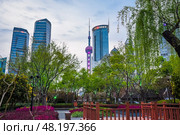 Shanghai, China – 1 April 2025: View of Oriental Pearl Tower and Pudong skyline through spring greenery and garden bridge in city park. Редакционное фото, фотограф Татьяна Терехина / Фотобанк Лори