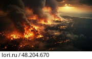Forestscape presents grim scene of trees shrouded in smoke and ravaged by raging wildfire, as observed from aerial viewpoint. Стоковое AI-изображение, AI-художник Данила Большаков / Фотобанк Лори