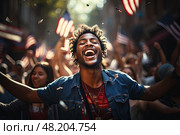 Happy African-American man among cheering crowd with American flags on demostration at city street. Стоковое AI-изображение, AI-художник Данила Большаков / Фотобанк Лори