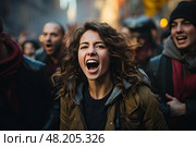 Angry woman activist shouting slogans defending the rights of the oppressed at demonstrations among like-minded people. Стоковое AI-изображение, AI-художник Данила Большаков / Фотобанк Лори