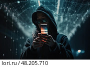 Hacker in hoodie stands with phone against background of coding with network and glowing intersecting and intertwining lines of cybersecurity information. Стоковое AI-изображение, AI-художник Данила Большаков / Фотобанк Лори