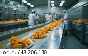 A food processing plant, with stainless steel conveyor belts carrying packaged goods, workers in hairnets monitoring the line under bright light. Стоковое AI-видео, аниматор Sergey Grishin / Фотобанк Лори