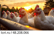 roosting sunset chicken farm ai generated. Стоковое AI-изображение, AI-художник Vectorwin / Фотобанк Лори