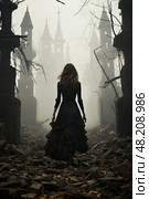 Slender woman in black dress is sorceress or widow gmourning in foggy Gothic ruined graveyard cemetery. Стоковое AI-изображение, AI-художник Данила Большаков / Фотобанк Лори