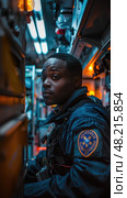 An emergency responder sits in a rescue vehicle, preparing for an urgent mission in a bustling urban area at night. Стоковое AI-изображение, AI-художник Данила Большаков / Фотобанк Лори