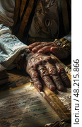 Hands of an elderly person delicately resting on aged manuscripts and decorative objects, showcasing history and craftsmanship. Стоковое AI-изображение, AI-художник Данила Большаков / Фотобанк Лори