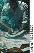A man with tattoos focuses on writing amid swirling smoke and scattered papers. Стоковое AI-изображение, AI-художник Данила Большаков / Фотобанк Лори