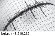 Seismograph paper with a bold earthquake wave line showing seismic activity. Стоковое AI-изображение, AI-художник Igor Tichonow / Фотобанк Лори
