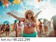 Happy curvy plus size model in bikini on the beach party, fat busty chubby woman resting at the sea on summer holidays. Стоковое AI-изображение, AI-художник Станислав Тарко / Фотобанк Лори