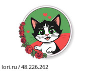 Vector round sticker. Cartoon black and white cute funny happy kitten. Roses, leaves and hearts. Domestic baby, cuddly toon cat. Стоковая иллюстрация, иллюстратор GAlexS / Фотобанк Лори