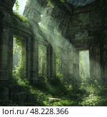 Sunlight filters through ancient ruins showcasing nature's embrace in a serene setting. Стоковое AI-изображение, AI-художник Михаил Коханчиков / Фотобанк Лори