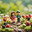 Microworld with two miniature explorers with backpacks trek hand in hand across a whimsical terrain of oversized berries flowers. Greenery experiencing a unique adventure in tiny natural paradise. Стоковое AI-изображение, AI-художник Андрей Ка / Фотобанк Лори