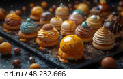 Delicious gourmet desserts are artfully arranged on a dark platter, showcasing various flavors and vibrant toppings that tempt any sweet lover. Стоковое AI-изображение, AI-художник Данила Большаков / Фотобанк Лори