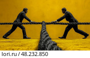 Two suited men compete intensely, each gripping an end of a thick rope against a vivid yellow backdrop, emphasizing their struggle for dominance. Стоковое AI-изображение, AI-художник Данила Большаков / Фотобанк Лори