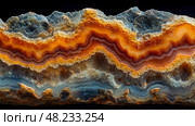 A banded agate rock displays vibrant shades of orange, blue, and brown, with intricate patterns revealing nature’s artistry in a striking manner. Стоковое AI-изображение, AI-художник Данила Большаков / Фотобанк Лори