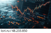 A vibrant financial dashboard showcases stock market trends with fluctuating graphs and illuminated data points against a dark background at night. Стоковое AI-изображение, AI-художник Данила Большаков / Фотобанк Лори