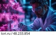 A scientist in protective gear carefully studies viral samples in a high-tech lab illuminated by colorful lights, focused on his groundbreaking work. Стоковое AI-изображение, AI-художник Данила Большаков / Фотобанк Лори