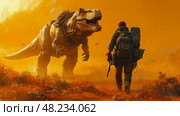 A brave adventurer approaches a massive dinosaur under a stunning sunset, surrounded by a colorful, prehistoric environment filled with life. Стоковое AI-изображение, AI-художник Данила Большаков / Фотобанк Лори