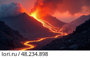 Dusk Volcanic Eruption With Lava Flowing Creates a Daunting Landscape, Highlighting Adventure Tourism and Geological Research. Стоковое AI-изображение, AI-художник Sergey Grishin / Фотобанк Лори