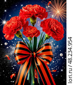 May 9 - Victory Day. St. George's ribbon and bright red carnations. Стоковое AI-изображение, AI-художник Сергей Елизарьев / Фотобанк Лори