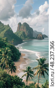 Tropical Beach View From Hilltop in French Polynesia. Стоковое AI-изображение, AI-художник Данила Большаков / Фотобанк Лори