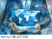 Businessman Holding World Map Tablet. Стоковое AI-изображение, AI-художник Данила Большаков / Фотобанк Лори