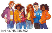 Six young adults, wearing casual clothing and Voted stickers, are smiling and looking at the camera. Стоковое AI-изображение, AI-художник Данила Большаков / Фотобанк Лори