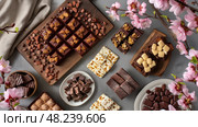 Discover a Tantalizing Selection of Gourmet Chocolate Bars Featuring a Variety of Delectable Fillings and Toppings to Satisfy Any Craving. Стоковое AI-изображение, AI-художник Данила Большаков / Фотобанк Лори