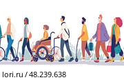 A Diverse Group of Individuals Strolling Down a Bustling City Street Together, Showcasing Unity and Multiculturalism. Стоковое AI-изображение, AI-художник Данила Большаков / Фотобанк Лори
