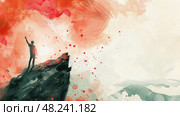A lone figure stands on a clifftop, reaching out towards a vibrant watercolor sky filled with red hues. Стоковое AI-изображение, AI-художник Данила Большаков / Фотобанк Лори