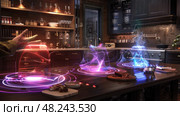 A person activates holographic lights on a kitchen counter. Стоковое AI-изображение, AI-художник Данила Большаков / Фотобанк Лори