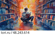 A young man sits on the floor in a library, reading a book. He is surrounded by bookshelves filled with books. Стоковое AI-изображение, AI-художник Данила Большаков / Фотобанк Лори