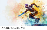 A watercolor illustration of a male athlete in mid-air, jumping over a hurdle. Стоковое AI-изображение, AI-художник Данила Большаков / Фотобанк Лори