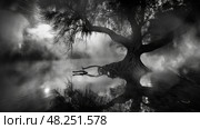 A large tree with sprawling branches overhangs a still body of water, shrouded in a thick fog. Стоковое AI-изображение, AI-художник Данила Большаков / Фотобанк Лори