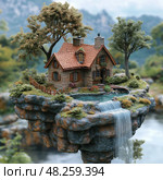 Isometric Floating Island, Fantasy Miniature World with Waterfall, Tree and Cozy House. Изометрический плавучий остров, фантастический миниатюрный мир с водопадом, деревом и уютным домиком. Стоковое AI-изображение, AI-художник Katsiaryna Repich / Фотобанк Лори